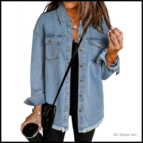 Jackets & Blazers - Oversized Denim Jacket Distressed Vintage Y2K Chic Boyfriend Fit Button Closure